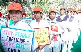Students participate in a rally on social issues organised by Patiala Sahodaya School Complex at Baradari Gardens in Patiala