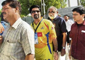 Former Indian cricket player K Srikkanth arrives at the PCA Stadium, Mohali, to support the Chennai team