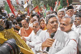 UNPA and Left leaders during a protest rally against price rise in New Delhi on Saturday.