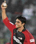 Delhi Daredevils' Rajat Bhatia celebrates after taking the wicket of Rajasthan Royals Shane Watson during IPL T20 Championship match at Ferozshah Kotla Stadium in New Delhi on Saturday. Bhatia was the best bowler from the side claiming two wickets for 17 runs in his four overs.