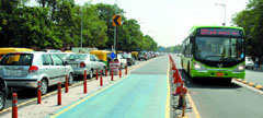 Newly constructed BRTS corridor between Ambedkar Nagar and Moolchand on the first day of the trial run in the Capital on Sunday.