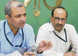 Ashwani Munjal (left), general secretary of the MTA, addresses mediapersons in Chandigarh