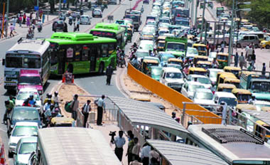 Heavy traffic jam near Chirag Dilli in the Capital on Monday. 