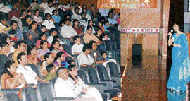 Parents attend an orientation programme at KVM School, Ludhiana, on Monday.