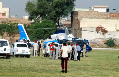 The Punjab Governments helicopter that carried CM Parkash Singh Badal to Bathinda on a days tour, ready to take off on Tuesday from the Rajindra College ground in the heart of the city.