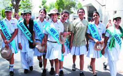 Schoolchildren participate in a walk, organised by the Heart Care Foundation of India, on the occasion of World Earth Day in the Capital