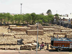 Bags of wheat lie dumped in the grain market in Ambala City on Tuesday. 