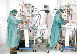 Critically-ill newborn children being treated at the neonatal intensive care unit in the Command Hospital, Chandimandir.