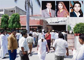 A crowd gathers outside the house in Sector 14, Karnal, where Saranbeer (inset top right) shot dead his brother-in-law Namit Kalyan (inset), shot at his sister Renuka (inset) and later committed suicide