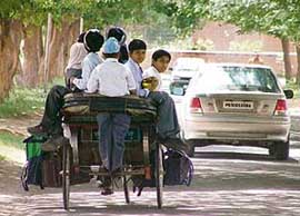 A rickshaw overloaded with schoolchildren plies in violation of orders in Ludhiana.