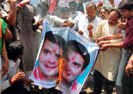 BJP workers burn a poster of AICC general secretary Rahul Gandhi in Bhopal