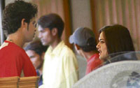 Preity Zinta (extreme right) talks with Shreesant before the practice session of Kings XI Punjab players in PCA, Mohali, on Thursday.
