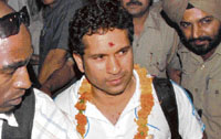 Sachin Tendulkar while going to his hotel room after his arrival in Chandigarh on Thursday.