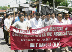 Medical representatives hold a protest march in Kangra on Thursday.