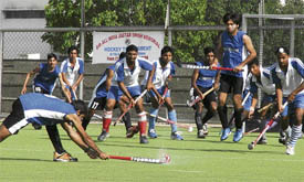 The first semifinal match between Pakistan XI and SAI Patiala in progress on the fourth day of the 6th All-India Jagtar  Memorial  Hockey Tournament (U-19) in Punjab Agricultural University, Ludhiana, on Thursday.