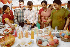 Visitors at the exhibition being held at Vatika School, Chandigarh, on Saturday.