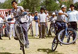 Participants in the slow-cycling event at Moti Ram Arya School in Chandigarh on Saturday.