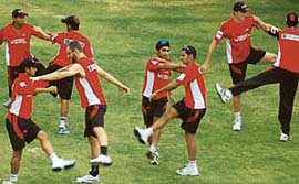 Delhi Daredevils during the practice session for the IPL match at PCA, Mohali, on Saturday.
