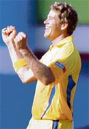 Jacob Oram of Chennai Super Kings celebrates the dismissal of Kolkata Knight Riders batsman Ricky Ponting during the IPL T20 championship match in Chennai on Saturday.