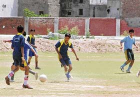A football match in progress at the War Heroes Stadium in Ambala Cantonment