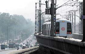 A Delhi Metro train on its trial run on the expanded stretch from Shahdara to Seemapuri border in the Capital