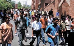 Aspirants to the All India Engineering/Architecture Entrance Examination after taking the test at Modern School in the Capital