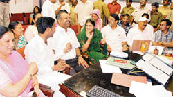 Councillors of the BJP and the INLD at the office of the SDM in Panchkula 