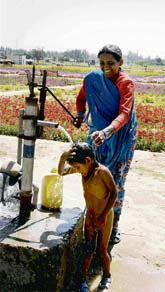 A woman bathes her child under a handpump in the newly laid flower garden in Jammu on Monday.