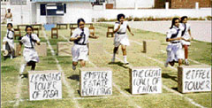 Students of Bal Bharati Public School during the hurdle race in Ludhiana on Monday.
