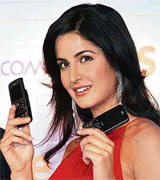 Bollywood actress Katrina Kaif poses with newly launched 3G Spice mobiles in New Delhi on Tuesday.