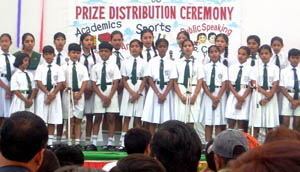 Students of the Delhi Public School rendering a performance at the prize distribution function held in Bathinda on Wednesday.