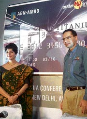 Country executive of ABN Amro, Meera H Sanyal (L), with Deep Kalra, founder & CEO, MakeMyTrip. com, at the launch of "GO'' Travel credit card in New Delhi on Wednesday.