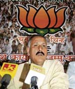 Shamsher Singh Manhas, state general secretary of the BJP, addressing mediapersons regarding countrywide bandh, in Jammu on Wednesday