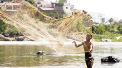 A fisherman throws a net in the River Tawi in the hope of a rich bounty