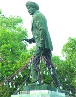 Decorative lighting strings attached to the statue of martyr Udham Singh in the Hall Gate area.