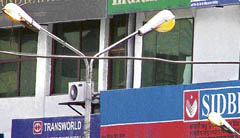 Streetlights switched on during the day in Feroze Gandhi market in Ludhiana on Friday. 