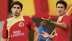 Bangalore Royal Challengers Anil Kumble (R) and Misbah-ul-Haq during a practice session at Chinnaswamy stadium in Bangalore on Friday.