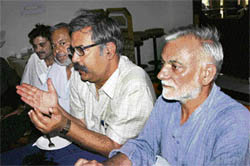 Haryana CPM secretary Inderjit Singh (right) and CPM central secretariat member Nilotpal Basu address a press conference in Rohtak on Saturday.