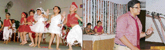Tiny tots perform a dance during the award ceremony at BCM School; and (right) a contestant expresses his views during the inter-school declamation contest at Nehru Sidhant Kender in Ludhiana.