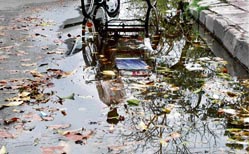 A rickshaw-puller views his image in a puddle of water created due to the rain