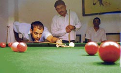 Pankaj Gulati plays a shot in a match during Saurabh Khattar Billiards Tournament in Chandigarh 