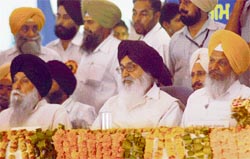 Chief Minister Parkash Singh Badal (Centre), Hira Singh Gabria and Capt Kanwaljit Singh at a function to mark the 285th birth anniversary of Jassa Singh Ramgarhia in Mohali