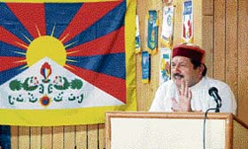 RSS leader Indresh Kumar dwells on a point during a talk on the Tibet issue at Shimla