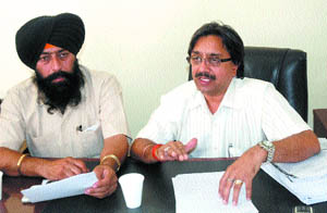 Mayor Rakesh Rathour addresses a press meet in Jalandhar on Monday.
