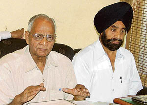 Joginder Kumar, president of the Ludhiana Electroplaters Association, addresses a press conference in Ludhiana on Monday. 