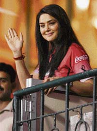 Kings XI Punjab owner Preity Zinta during her team's IPL T20 match against Bangalore Royal Challengers at Chinnaswamy stadium in Bangalore