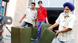 Ballot boxes being loaded in a truck in Bathinda on Tuesday for being carried to various polling stations for the Zila Parishad and Block Samiti elections on May 12