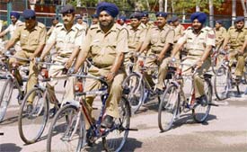 Policemen, who were given bicycles to patrol efficiently in their beats in Chandigarh on Tuesday.
