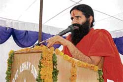 Yoga guru Ram Dev addresses the annual function of the Rao Abhey Singh College of Education, Saharanwas (Rewari), on Tuesday