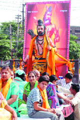 Devotees take part in a procession on the eve of Parshuram Jayanti in Jalandhar.